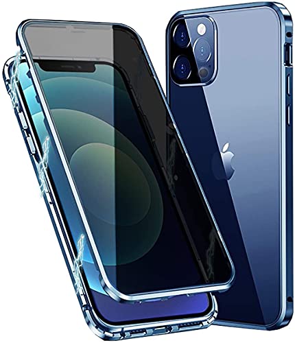 Anti-peep Magnetische Adsorption Hülle für iPhone 12 / iPhone 12 Pro Anti-Spy Handyhülle Metall Case Privat Screen Schutz doppelseitige Gehärtetes Glas Schutzhülle Anti-Spähen Flip Cover,Blau von Hkess