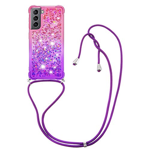 Handykette Handyhülle für Samsung Galaxy S21 5G, Hülle Quicksand Gradient Glitzer mit Kette Band, Glitzer Flüssig Bewegende Treibsand TPU Silikon Cover, Handykordel Case mit Kordel Umhängenband von Hkess