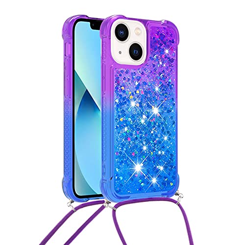 Handykette Handyhülle für iPhone 13, Hülle Quicksand Gradient Glitzer mit Kette Band, Glitzer Flüssig Bewegende Treibsand TPU Silikon Cover, Handykordel Case mit Kordel Umhängenband von Hkess