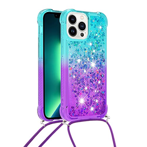 Handykette Handyhülle für iPhone 13 Pro, Hülle Quicksand Gradient Glitzer mit Kette Band, Glitzer Flüssig Bewegende Treibsand TPU Silikon Cover, Handykordel Case mit Kordel Umhängenband von Hkess