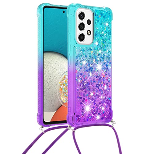 Hkess Handykette Handyhülle für Samsung Galaxy A53 5G, Hülle Quicksand Gradient Glitzer mit Kette Band, Flüssig Bewegende Treibsand TPU Silikon Cover, Handykordel Case Kordel Umhängenband, Blau-Lila von Hkess