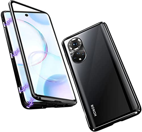 Hkess Kompatibel für Huawei Nova 9 / Honor 50 5G Hülle Magnetische Adsorption Case Metallrahmen Ultra Dünn 360 Grad Schutzhülle Vorne Hinten Vollbild Schutz Gehärtetes Glas Flip Cover,Schwarz von Hkess