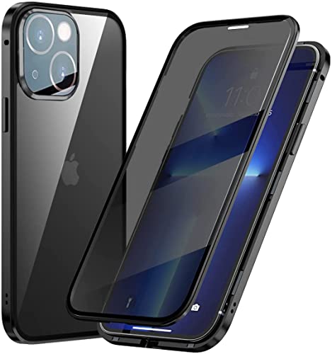 Hkess Schutzhülle für iPhone 13 Mini Cover aus Metall Bumper Privatsphäre Magnetic Case Doppelt gehärtetes Glas Anti-Spy 360 Grad Full Screen Schutz Flip Privacy Cover, Schwarz von Hkess