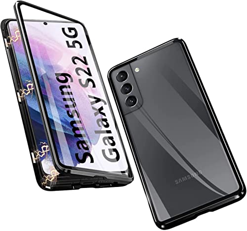 Hülle für Samsung Galaxy S22 5G Cover Magnetische Metallrahmen Case Camera Lens Protector Transparent Gehärtetes Glas Schutzhülle 360 Grad Handyhülle Kratzfest [Kamera Schutzfolie],Schwarz von Hkess