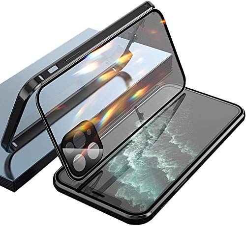 Hülle für iPhone 12 Mini Cover Magnetische Metallrahmen Case Camera Lens Protector Transparent Gehärtetes Glas Schutzhülle 360 Grad Handyhülle Kratzfest [Eingebautem Kamera Schutzfolie],Schwarz von Hkess