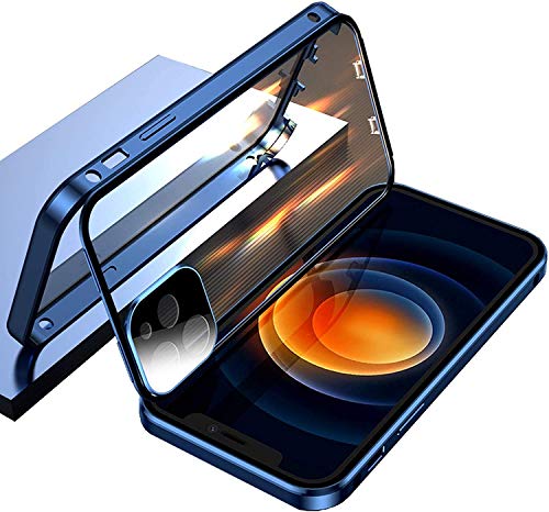 Hülle für iPhone 12 Pro Max Cover Magnetische Metallrahmen Case Camera Lens Protector Transparent Gehärtetes Glas Schutzhülle 360 Grad Handyhülle Kratzfest [Eingebautem Kamera Schutzfolie],Blau von Hkess