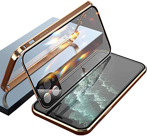 Hülle für iPhone 12 Pro Max Cover Magnetische Metallrahmen Case Camera Lens Protector Transparent Gehärtetes Glas Schutzhülle 360 Grad Handyhülle Kratzfest [Eingebautem Kamera Schutzfolie],Gold von Hkess