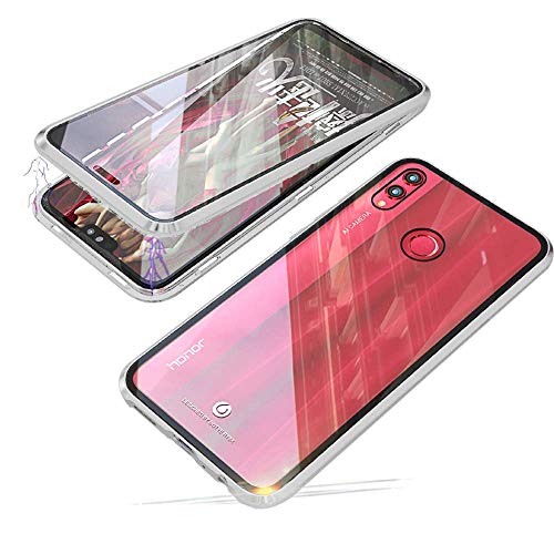 Handyhülle Kompatibel für Honor 8X (6.5") Hülle Magnetische Adsorption Metallrahmen Handyhülle Ultradünn 360 Grad Schutzhülle Transparente Vorne und Hinten Vollbild Gehärtetes GlasCase,Silber von Hkess