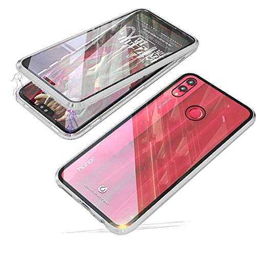 Kompatibel für Huawei Honor 8X (6.5") Hülle Magnetische Adsorption Metallrahmen Handyhülle Ultradünn 360 Grad Schutzhülle Transparente Vorne und Hinten Vollbild Gehärtetes Glas Flip Cover,Silber von Hkess