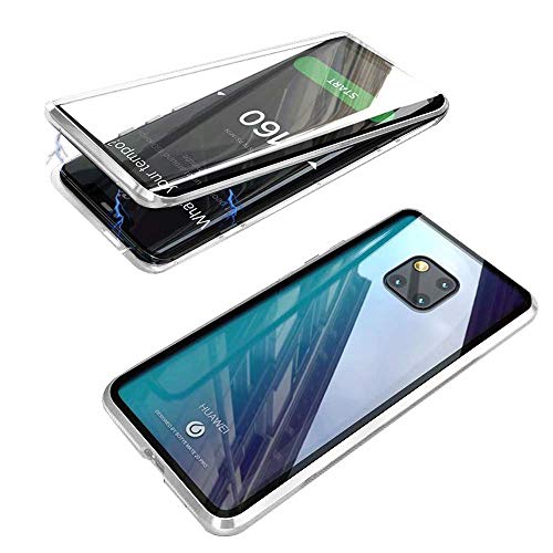 Kompatibel für Huawei Mate 20 Hülle Magnetische Adsorption Metallrahmen Handyhülle Ultradünn 360 Grad Komplett Schutzhülle Cover Transparente Vorne und Hinten Vollbild Gehärtetes Glas Case,Silber von Hkess