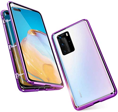 Kompatibel für Huawei P40 Pro Hülle Magnetische Adsorption Metallrahmen Handyhülle Ultradünn 360 Grad Schutzhülle Transparente Vorne und Hinten Vollbild Gehärtetes Glas Flip Cover,Lila von Hkess