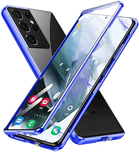 Kompatibel für Samsung Galaxy S21 Ultra 5G Hülle Magnetische Adsorption Metallrahmen Handyhülle Ultradünn Full Body Schutzhülle Transparente Vorne Hinten Vollbild Gehärtetes Glas Cover,Blau von Hkess