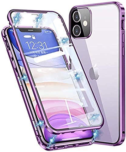 Kompatibel für iPhone 12 / iPhone 12 Pro Hülle Magnetische Adsorption Case Metallrahmen Handyhülle Ultra Dünn 360 Grad Schutzhülle Vorne und Hinten Vollbild Schutz Gehärtetes Glas Flip Cover,Lila von Hkess