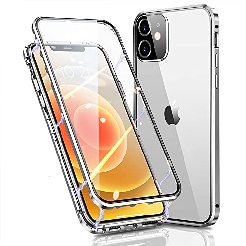 Kompatibel für iPhone 12 Mini Hülle Magnetische Adsorption Case Metallrahmen Handyhülle Ultra Dünn 360 Grad Schutzhülle Vorne und Hinten Vollbild Display Schutz Gehärtetes Glas Flip Cover,Silber von Hkess