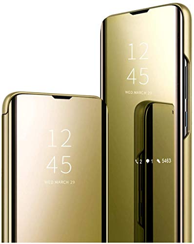 Spiegel Flip Cover kompatibel mit Huawei P40 Lite 5G Clear View Standing Hülle Handyhülle Mirror Makeup Plating Schutzhülle Standfunktion Handy Tasche Bumper Protective Case,Gold von Hkess