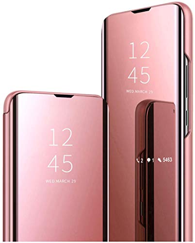 Spiegel Flip Cover kompatibel mit Samsung Galaxy A80 Clear View Standing Hülle Handyhülle Mirror Makeup Plating Schutzhülle Standfunktion Handy Tasche Bumper Protective Case,Roségold von Hkess