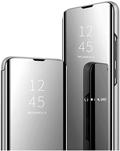 Spiegel Flip Cover kompatibel mit Samsung Galaxy S10e Clear View Standing Hülle Handyhülle Mirror Makeup Plating Schutzhülle Standfunktion Handy Tasche Bumper Protective Case,Silber von Hkess