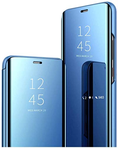 Spiegel Flip Cover kompatibel mit Samsung Galaxy S9 Plus Clear View Standing Hülle Handyhülle Mirror Makeup Plating Schutzhülle Standfunktion Handy Tasche Bumper Protective Case,Blau von Hkess