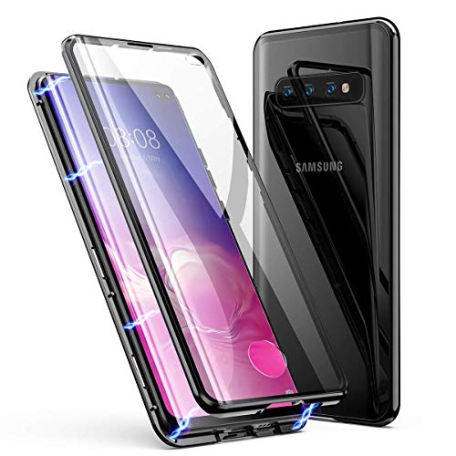 für Samsung Galaxy S10+/S10 Plus Hülle Magnetische Adsorption Metallrahmen 360 Grad Full Body Handyhülle Vorne hinten Gehärtetes Glas Schutzhülle Einteiliges Ultra Dünn Flip Cover,Schwarz von Hkess