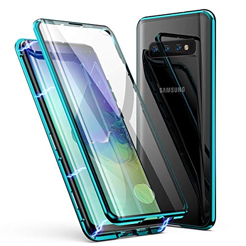 für Samsung Galaxy S10+/S10 Plus Hülle Magnetische Adsorption Technologie Metallrahmen 360 Grad Full Body Handyhülle Vorne hinten Gehärtetes Glas Schutzhülle Einteiliges Ultra Dünn Flip Cover,Grün von Hkess