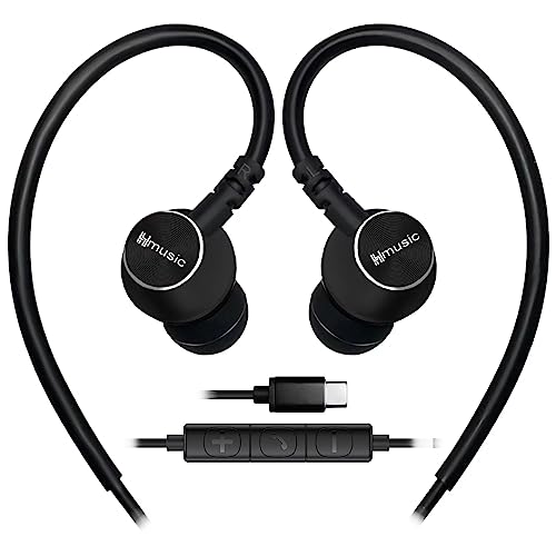 Hmusic Sport-Ohrhörer mit Mikrofon verkabelt, USB Typ C Metall Muschel Ohrstöpsel in-Ear Kopfhörer mit Over Ear Haken Ohrhörer für Sport, Laufen, Training, Übung, Fitnessstudio (Schwarz) von Hmusic