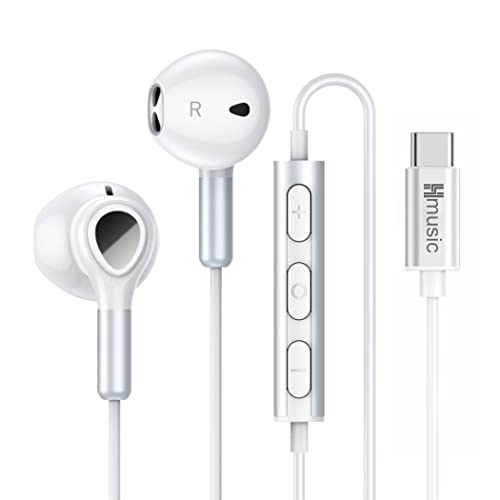 Hmusic USB C Kopfhörer, Typ C Ohrhörer magnetisch, kabelgebundene Ohrhörer in-Ear Headset mit Mikrofon Lautstärkeregelung für Android Smart Phones für Samsung Galaxy, Google Pixel, Xiaomi (Weiß) von Hmusic