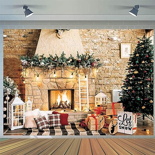 Hnmdmyi 2.1x1.5m Vinyl-Weihnachten Kamin Weihnachtsbaum Geschenk Fotografie Hintergrund Familie Kinder Fotoshooting Winter Urlaub Neujahr Geburtstag Party Dekorationen Banner Fotostudio Requisiten von Hnmdmyi