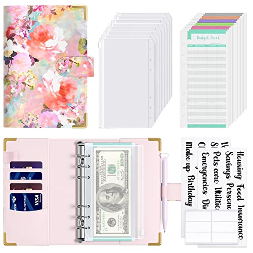 Hnogri Budget Binder mit Zipper Umschläge, A6 Geld sparen Binder Cash Umschläge für die Budgetierung, PU Leder Budget Planer Geld Organizer für Bargeld Rechnungen, Floral Budget Wallet für Frauen. von Hnogri