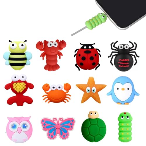 12 Stück Kabelschutz Tiere, USB Ladekabel Schutz, Kabelbruch Schutz, Tiere Kabel Silikon Protector, Ladekabel Saver, Kabelschutz Niedlichen Tierbeißen, für USB Ladekabelbruchschutz, iPad-Ladegeräte von Hnonoxy