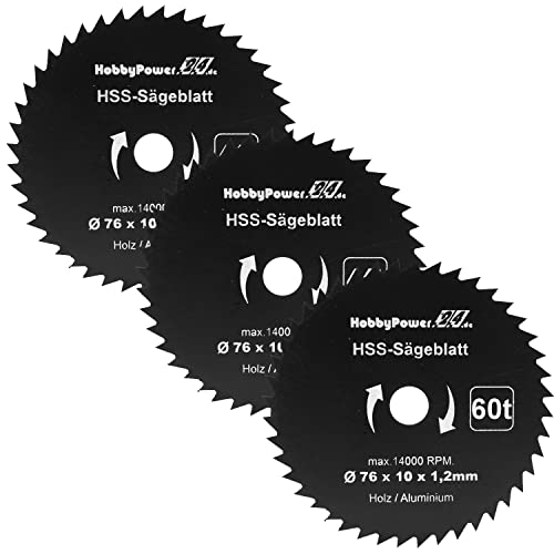 3x Sägeblatt 76 x 10 mm 60 Zähne Akku Kreissäge 12V 10,8V passend für Bosch Metabo Milwaukee Mini Handkreissäge Tauchsäge 3x Sägeblatt 76 x 10 mm 60 Zähne Akku Kreissäge 12V 10,8V passend für Bosch Metabo Milwaukee Mini Handkreissäge Tauchsäge von HobbyPower24