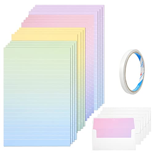 Hocadrv 16 Stück Briefpapier und 8 Stück Umschlägen Briefumschlag Briefpapier Set Regenbogenpapier Schreibpapier mit Kuverts Brief set Briefpapier mit Linien zum Schreiben(Gelb Lila Grün Rosa) von Hocadrv