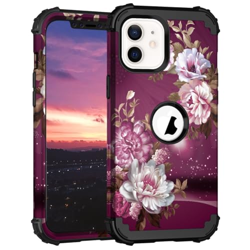 Hocase Hybrid-Schutzhülle für iPhone 12 Mini 5,4 Zoll (13,7 cm) 2022, robust, stoßfester Schutz, weicher Silikongummi und Hartplastik, Blumen-Motiv in Königsviolett von Hocase