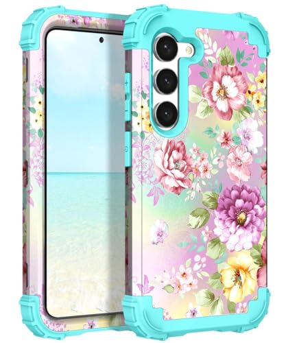 Hocase Schutzhülle für Galaxy S24, stoßfest, strapazierfähig, weicher Silikon-Gummi und Hartplastik, Hybrid-Schutzhülle für Samsung Galaxy S24 5G (6,2 Zoll) 2024, Lila/Rosa Blumen von Hocase