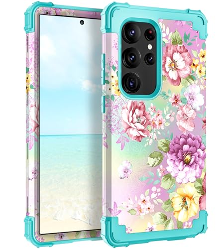 Hocase Schutzhülle für Galaxy S25 Ultra, stoßfest, robuster Hartplastik + weicher Silikon-Gummi, Hybrid-Schutzhülle für Samsung Galaxy S25 Ultra 17,5 cm (6,9 Zoll) 2025, Lila/Rosa Blumen von Hocase