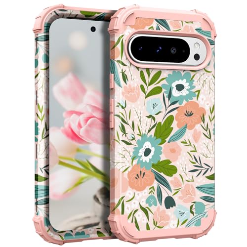 Hocase Schutzhülle für Google Pixel 9 Pro XL, stoßfest, robuster Schutz, Hartplastik + Silikon-Gummi, Hybrid-Schutzhülle für Google Pixel 9 Pro XL 17,3 cm (6,8 Zoll) 2024, Rosa Blumen von Hocase