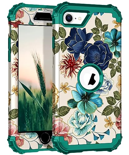 Hocase Schutzhülle für iPhone SE 2022, robust, stoßfest, Hartplastik + Silikon-Gummi, Hybrid-Schutzhülle für iPhone SE 3. Generation 2022/2. Generation 2020 (4,7 Zoll) – Blaugrüne Blumen von Hocase