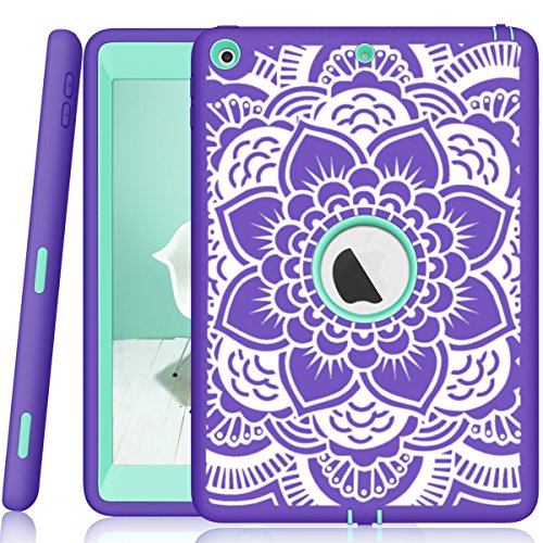 iPad 5./6. Generation Fall, hocase Heavy Duty Dämpfenden Gummi + Hartschale Kunststoff Dual Layer Schutzhülle w/Mandala Blütenmuster und Ständer für iPad 9,7 2018/2017 A01 - Purple/Teal von Hocase