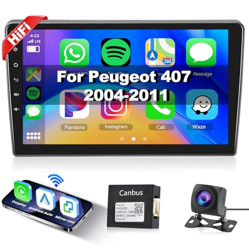 【1+32G】 Hodozzy Carplay Android Auto Android Autoradio für Peugeot 407 2004-2011 Autoradio Bluetooth 2 Din mit 9 Zoll Touchcreen GPS/WiFi/FM/RDS/HiFi/USB+AHD Rückfahrkamera von Hodozzy