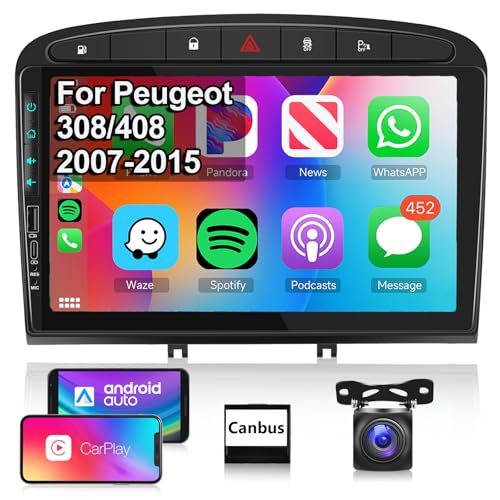 【2+64G】 Hodozzy Carplay/Android Auto Autoradio für Peugeot 408/308/308 SW 2008-2015 mit Navi,9 Zoll Touchscreen mit Mirror Link/WiFi/GPS/RDS/FM/Bluetooth/USB+Rückfahrkamera+Mikrofon von Hodozzy