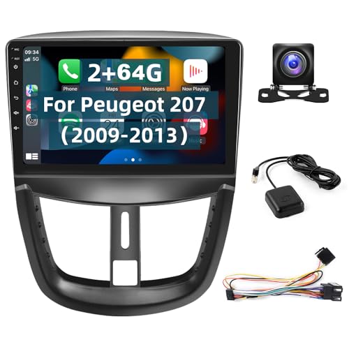 【2+64G】 Hodozzy Carplay Android Auto Android Autoradio für Peugeot 207 2006-2015 Autoradio Bluetooth 2 Din mit 9 Zoll Touchcreen GPS/WiFi/FM/RDS/HiFi/USB+AHD Rückfahrkamera von Hodozzy