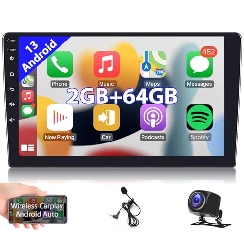 2GB+64GB Autoradio Kabelloses Carplay Android Auto Android 13 Radio mit Navi 9 Zoll Touchscreen 2 Din Bluetooth HiFi GPS Navigation WiFi FM RDS Radio Stereo, Lenkradkontrolle Rückfahrkamera ISO-Kabel von Hodozzy