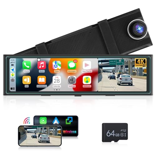 4K Spiegel Dashcam mit Rückfahrkamera Wireless CarPlay & Android Auto,Hodozzy 10,99 Touchscreen FHD Autokamera Rückfahrkamera Spiegel mit Bluetooth Nachtsicht WiFi Video Navi Loop-Aufnahme+64GB Karte von Hodozzy