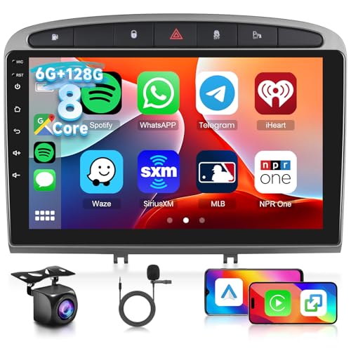 [6G+128G] 8-Core Autoradio für Peugeot 308 408 2007-2015 mit Wireless Carplay Android Auto, Hodozzy Autoradio 9 Zoll Touchscreen mit Bluetooth GPS Navi WiFi USB DSP FM/RDS Radio mit Rückfahrkamera von Hodozzy