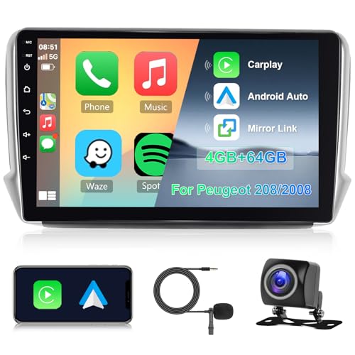 8 Core 4G+64G Hodozzy Autoradio für Peugeot 208/2008 2012-2018 mit Wireless Apple Carplay Android Auto, Android Radio 10,1 Zoll IPS Bildschirm GPS Navi Bluetooth DSP WiFi FM RDS Kamera von Hodozzy