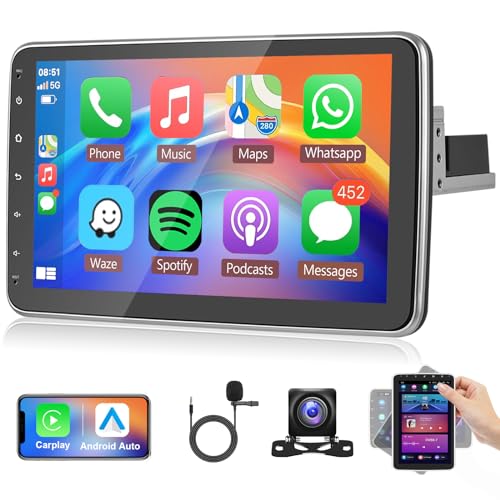 Android Autoradio 1 Din Wireless Carplay Android Auto 10 Zoll Bildschirm Vertikal Gedrehter Touchscreen Car Multimedia Player mit GPS Navigation WiFi Bluetooth FM/RDS Radio, SWC USB Rückfahrkamera von Hodozzy