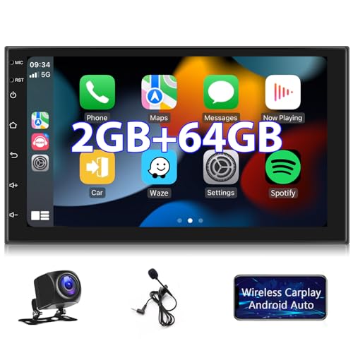 Android Autoradio 2G+64G Wireless Carplay Android Auto Doppel Din Radio mit Navi 7 Zoll Touchscreen Bildschirm GPS Navigation Bluetooth WiFi FM RDS Media-Receiver Rückfahrkamera ISO-Adapterkabel von Hodozzy