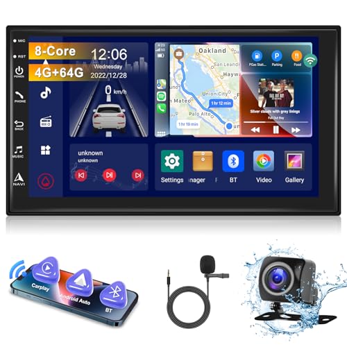 Android Autoradio 8-Core 4G+64G mit Carplay, Android Auto, Mirror Link 2 Din 7 Zoll IPS Touchscreen Radio mit GPS Navi, Bluetooth 5.1, FM/AM/RDS Radio WiFi 4G DSP, Kamera Autoradio Doppel-Din von Hodozzy