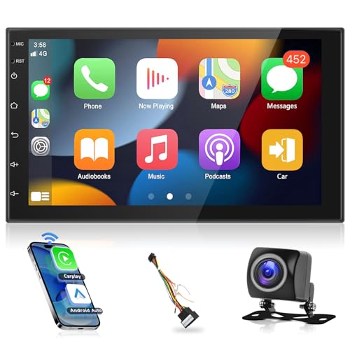 Android Doppel-Din Autoradio Navi mit Apple Carplay Wireless Android Auto 7 Zoll Bildschirm Touchscreen 2 Din Bluetooth/GPS Navigation/FM RDS Radio Car Multimedia Player, WiFi/USB/Rückfahrkamera von Hodozzy