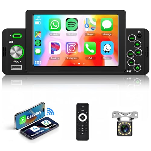 Autoradio 1 Din Bluetooth Wireless Android Auto Carplay Bildschirm 5 Zoll Touchscreen Autoradio Bluetooth Freisprecheinrichtung FM Radio Receiver mit Mirror Link USB/AUX-in/SD Port SWC + Kamera MP5 von Hodozzy