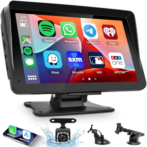 Carplay Bildschirm für Auto, 7 Zoll IPS Touchscreen Auto Display mit Wireless Carplay Android Auto, Hodozzy Tragbares Autoradio Bluetooth, Mirror Link Rückfahrkamera Unterstützung AUX/FM/TF/Navi von Hodozzy